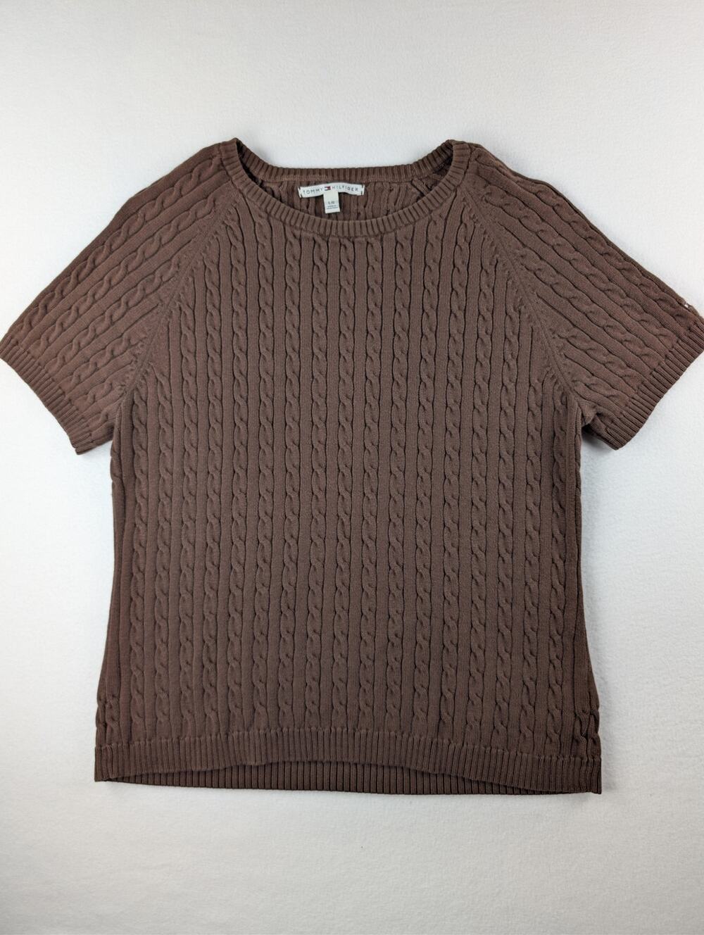 Vintage Tommy Hilfiger Brown Cable Knit Short Sleeve Sweater Large 100% Cotton